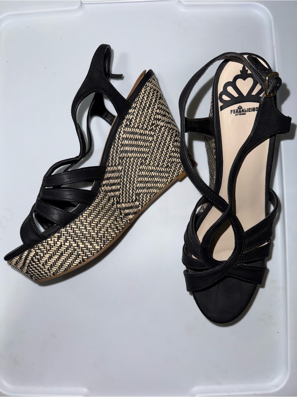 Fergalicious Black Strappy Wedge Sandals with Woven Platform